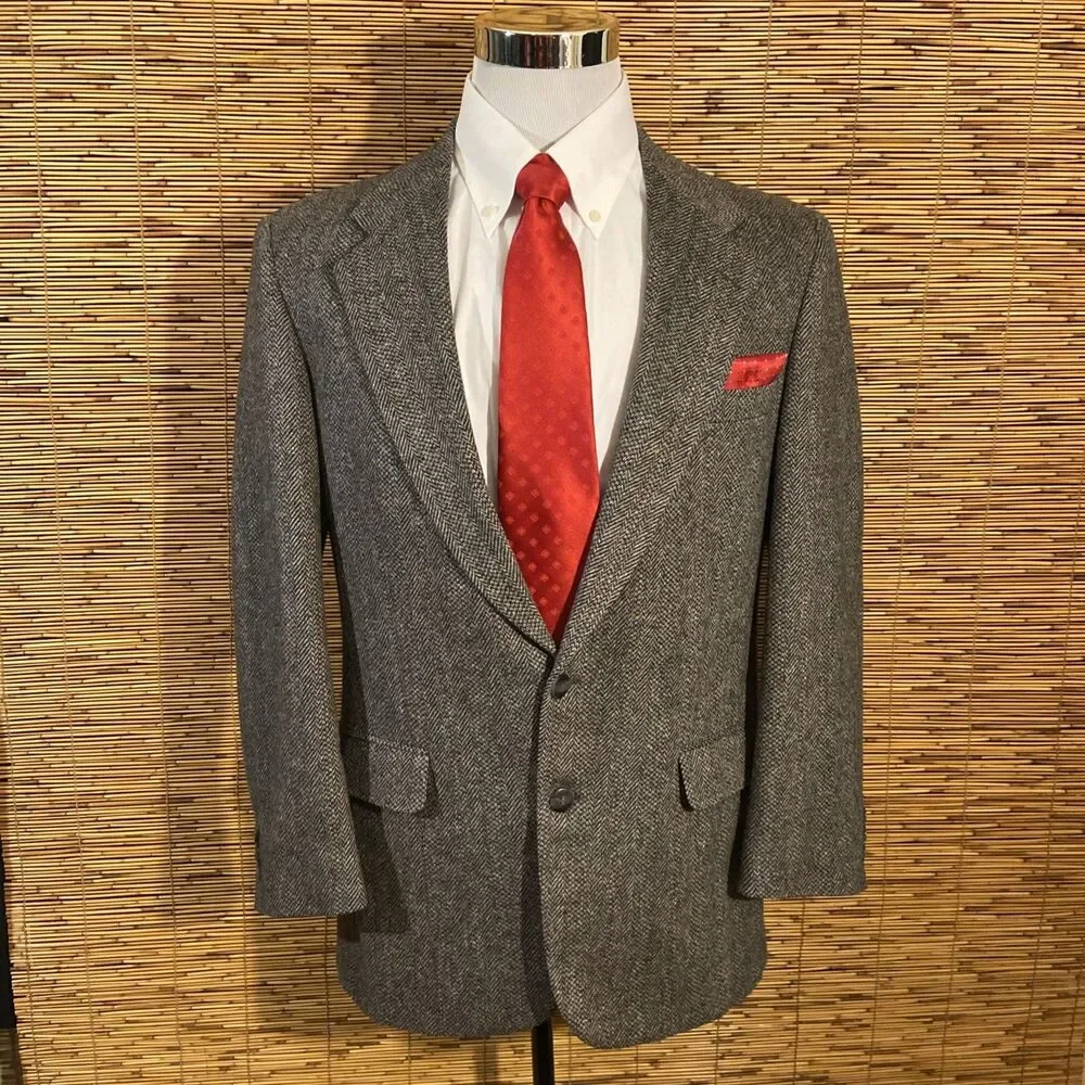 Classic Tweed Wool Herringbone Blazer Gray Men’s Size 40 Sport Coat Jacket